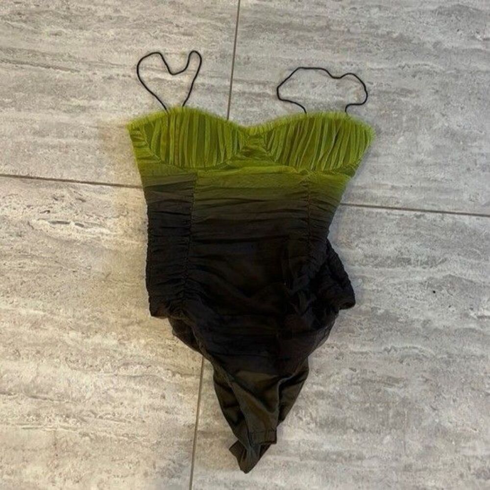 ZARA NEW TULLE CORSET BODYSUIT PLEATED MESH OMBRE NEON GREEN 4661/403 Sz XS - Picture 2 of 7